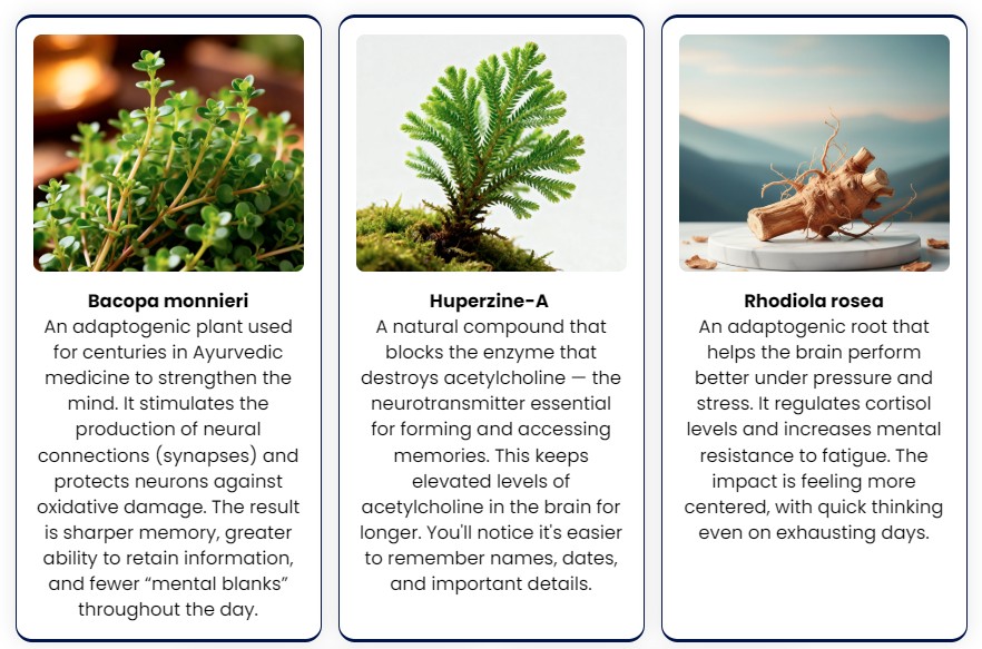 Bacopa monnieri, Huperzine-A and Rhodiola rosea ingredients